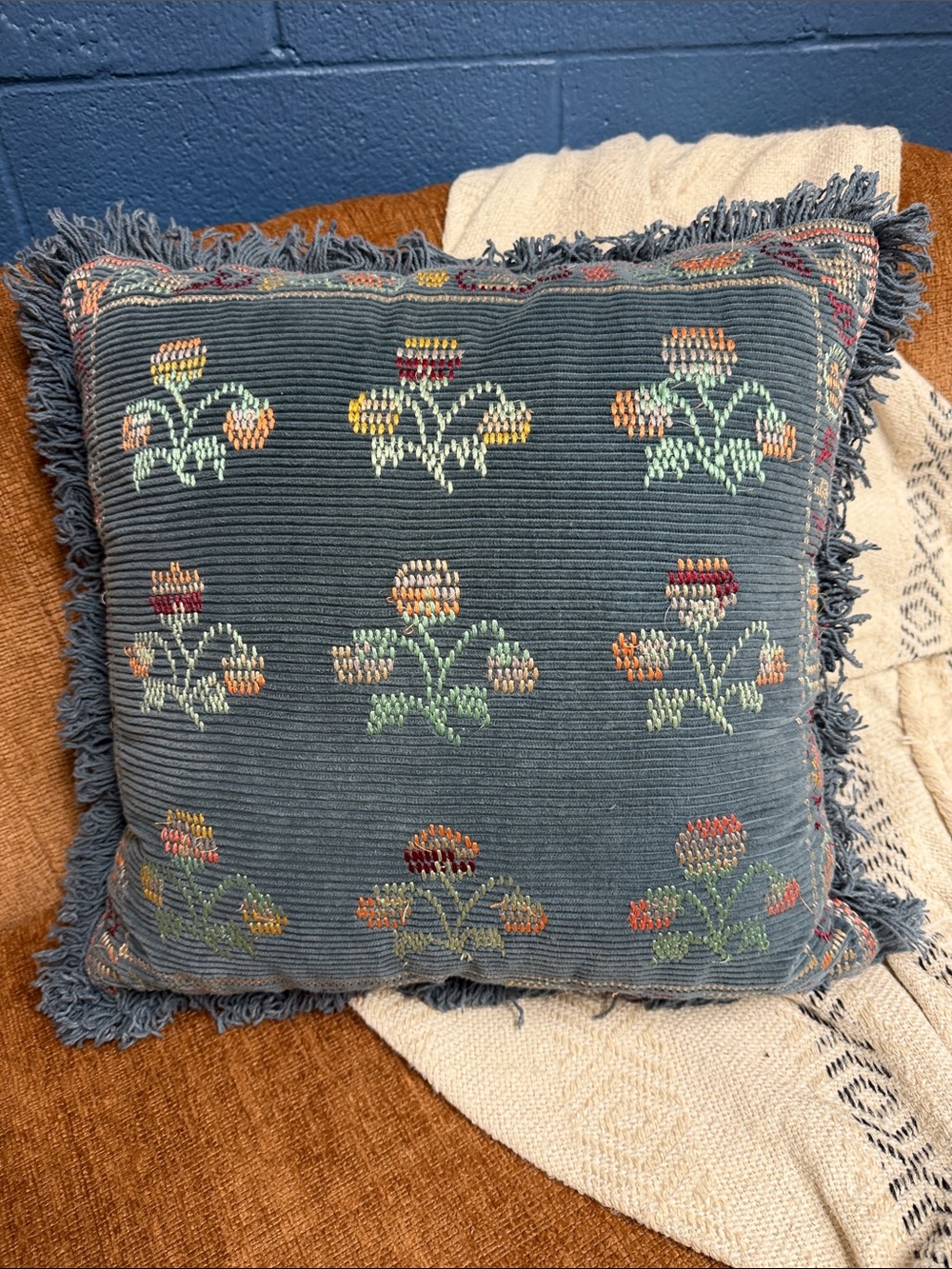 Blue Floral Fringed Decorative Pillow - Unbranded
